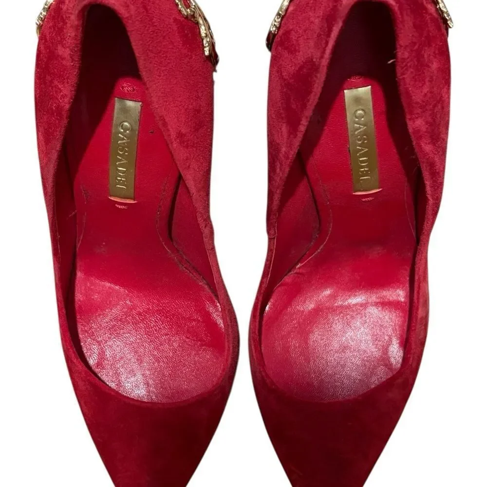 Casadei Red Suede Heels with Gold Detail